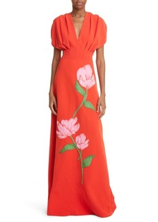 Lela Rose Floral Crepe V-Neck Gown