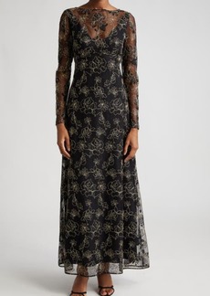 Lela Rose Floral Embroidery Long Sleeve Gown