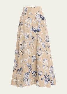 Lela Rose Floral High Waist Full Linen Skirt