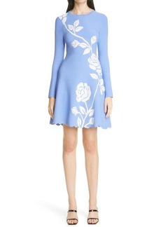 Lela Rose Floral Intarsia Long Sleeve Fit & Flare Dress in Periwinkle at Nordstrom