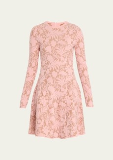 Lela Rose Floral Jacquard Long-Sleeve Fit-&-Flare Dress