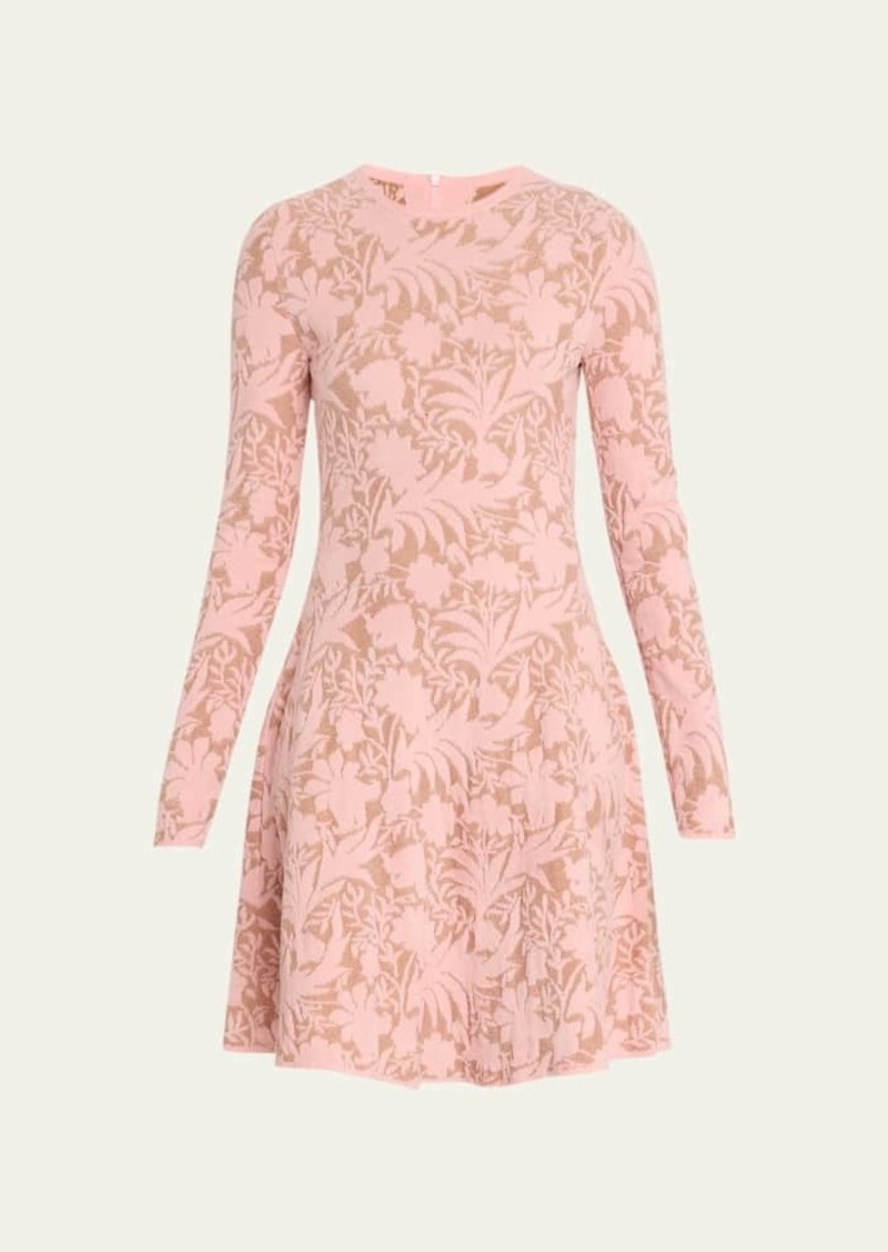 Lela Rose Floral Jacquard Long-Sleeve Fit-&-Flare Dress