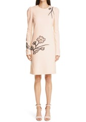 Lela Rose Long Sleeve Floral Embroidered Wool Crepe Tunic Dress