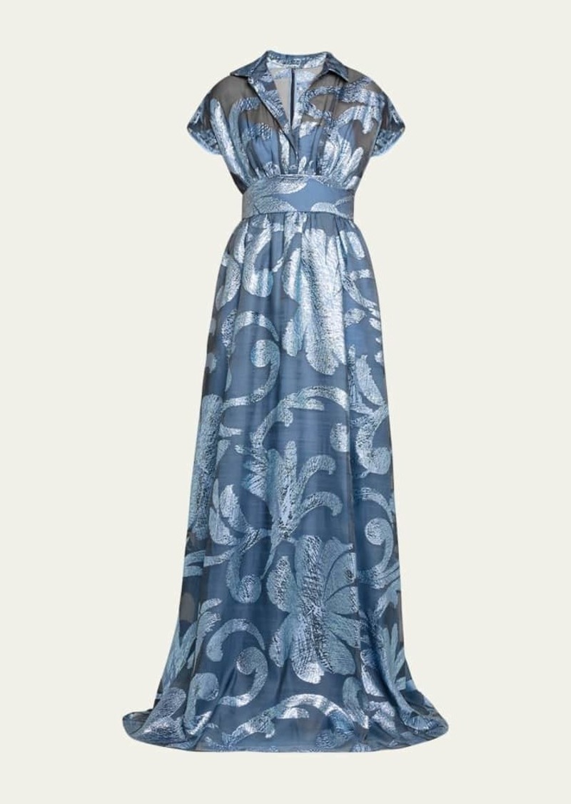 Lela Rose Metallic Floral Collared Gown