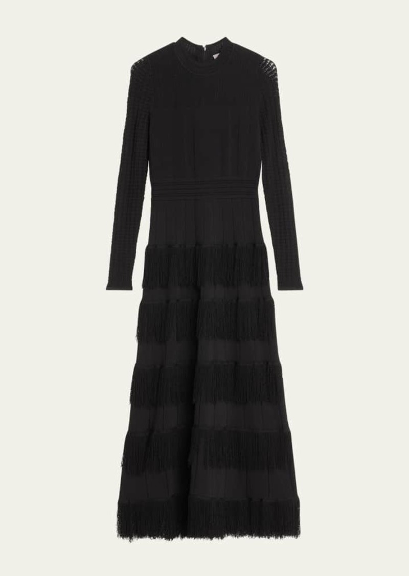 Lela Rose Piper Tiered Fringe Pointelle-Knit Maxi Dress