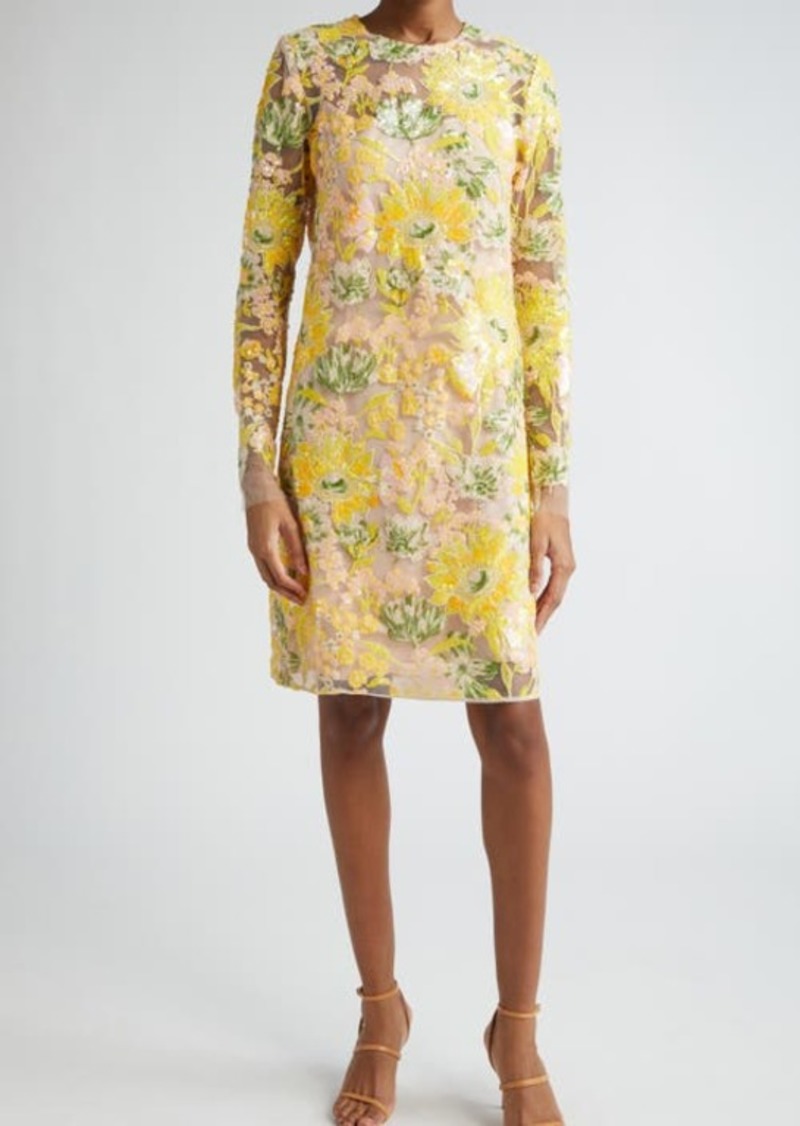 Lela Rose Sequin Embroidered Long Sleeve Shift Dress