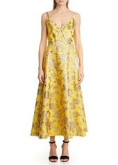 Lela Rose Metallic Sunflower Jacquard V-Neck Midi Dress