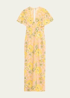 Lela Rose V-Neck Flower Sequin Cape-Sleeve Column Maxi Dress