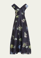 Lela Rose V-Neck Metallic Floral Gingham Jacquard Midi Dress