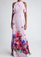 Lela Rose Watercolor Floral Print Ruffle Cotton Voile Gown