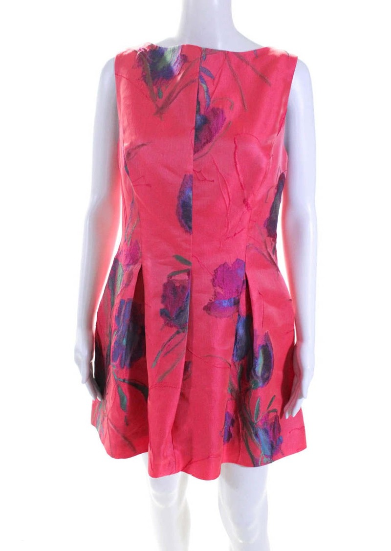 Lela Rose Womens Red Crepe Floral Crew Neck Sleeveless Fit & Flare Dress