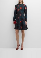Lela Rose Lily Floral Check-Print Long-Sleeve Tiered Paneled Dress