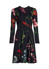 Lela Rose Long-Sleeve Floral Fit & Flare Crepe Dress