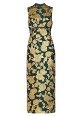 Lela Rose Metallic Floral Jacquard & Beaded Fringe Gown