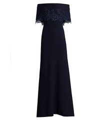 Lela Rose Off-The-Shoulder Embroidered-Lace Crepe Gown