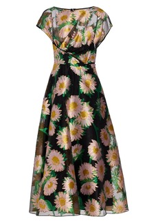 Lela Rose Semi-Sheer Floral-Jacquard Midi-Dress