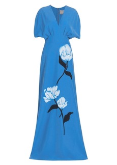 Lela Rose Short-Sleeve Floral-Appliqué Gown