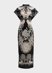 Lela Rose Stella Mystical-Print Short-Sleeve Midi Dress