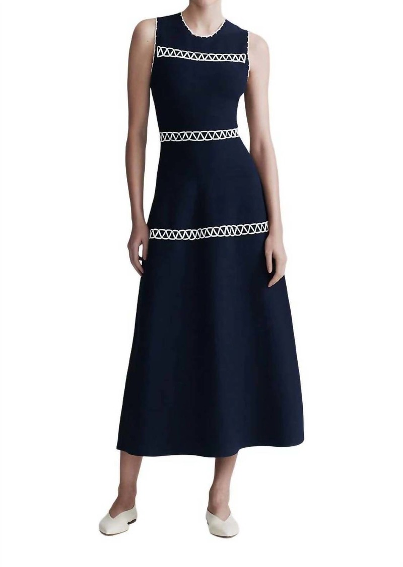 Lela Rose Tiered Embroidered Knit Sleeveless Midi Dress In Navy