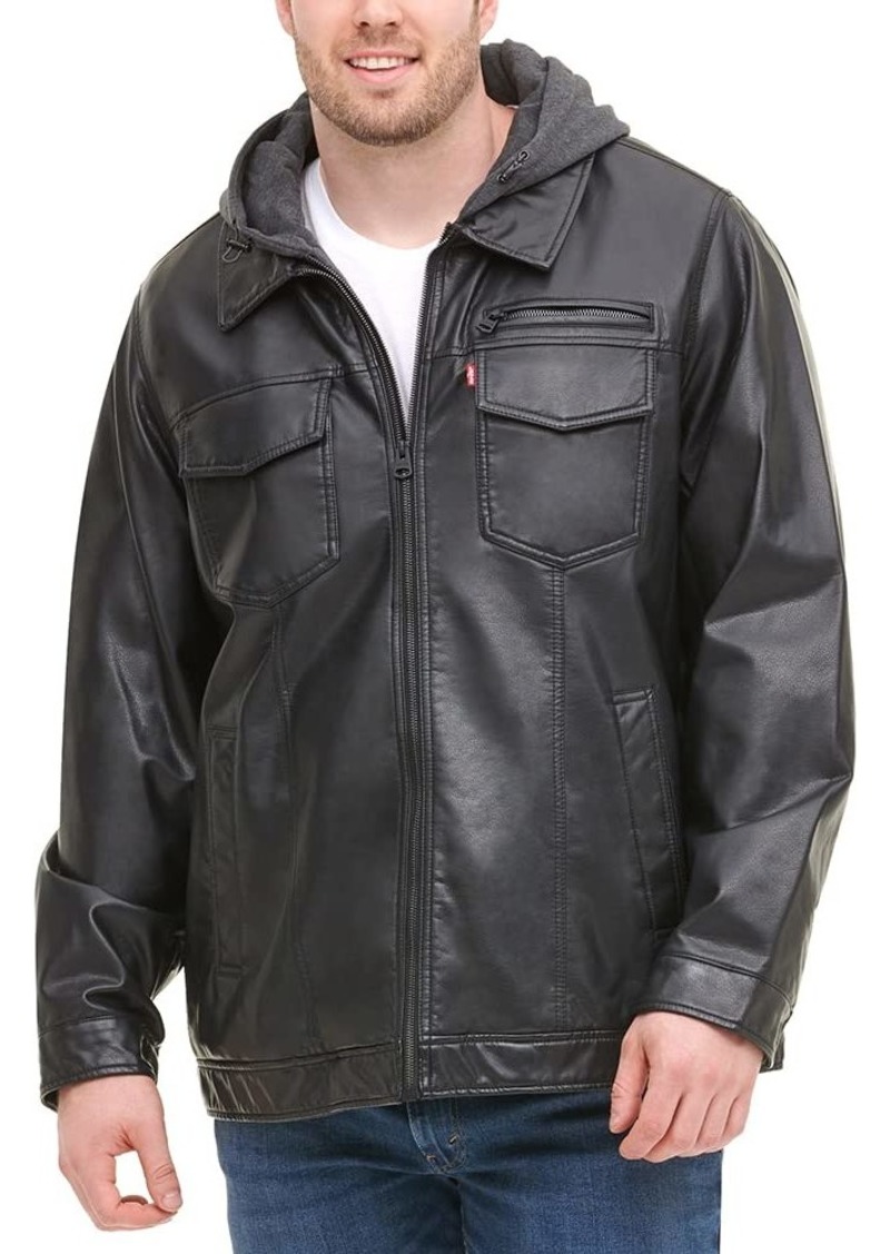 Levi's Men's Big & Tall Faux Leather Trucker Hoody with Sherpa Lining (Regular and Big Sizes) Black