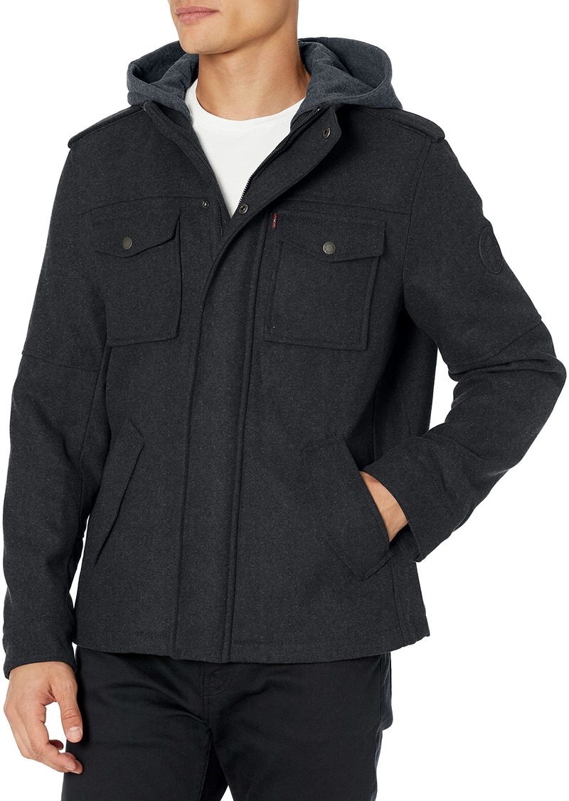 Levi's Men's Wool Blend Military Jacket with Hood charcoal