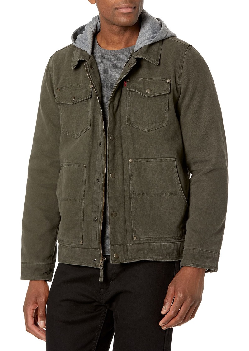 mens Cotton Canvas Trucker Jacket With Removable Hood Work Utility  Outerwear US - 30% Off!