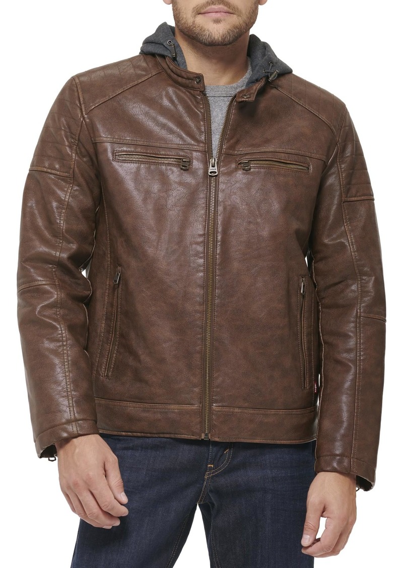 Levi's Men's Faux Leather Hooded Racer Jacket Saddle Modern Lamb