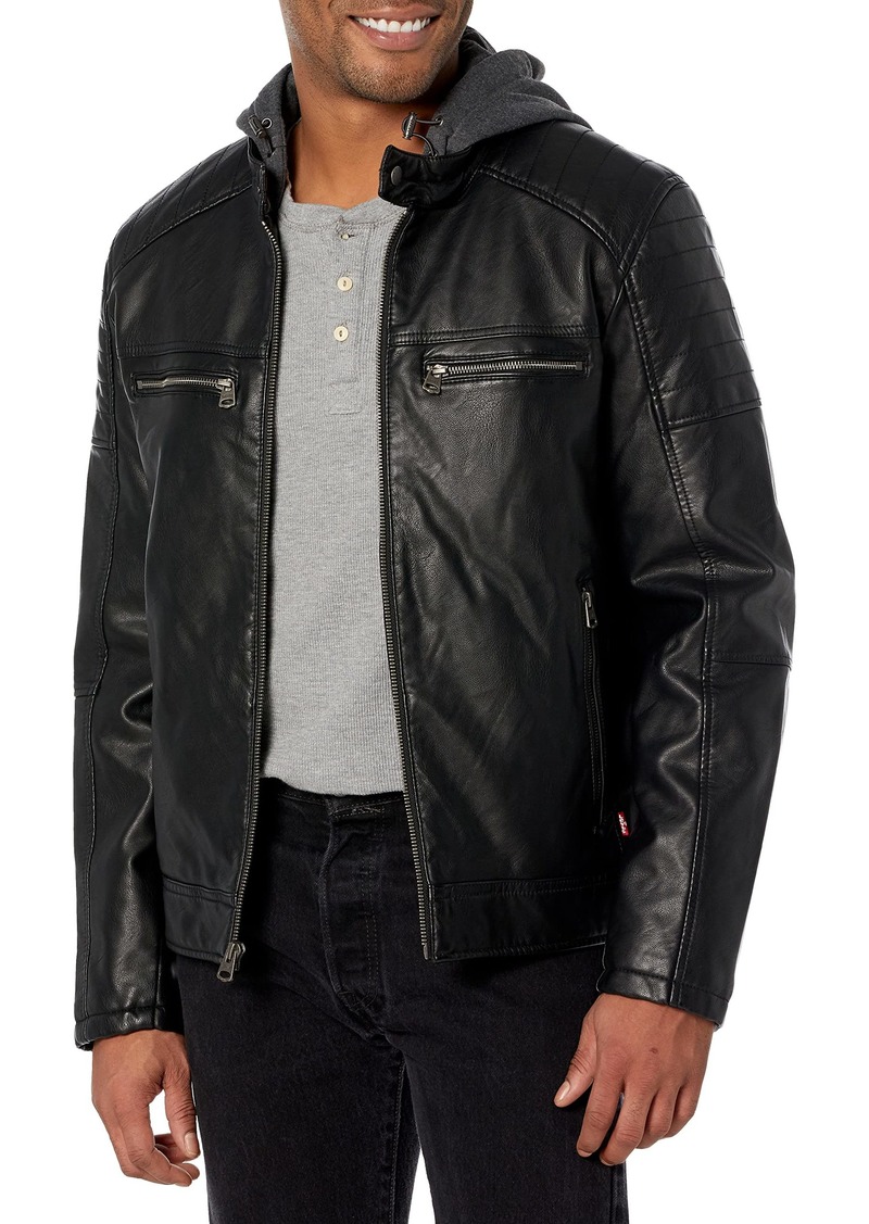 Levi's Men's Faux Leather Hooded Racer Jacket Black Modern Lamb