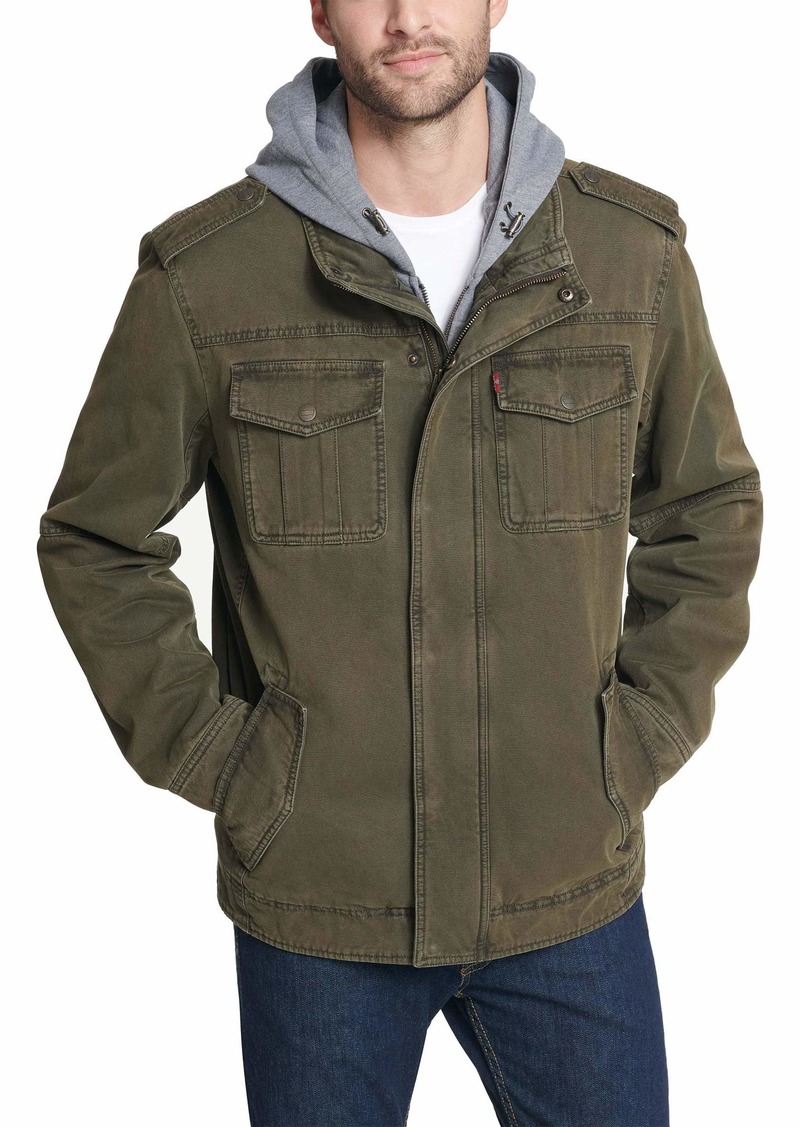 Levi's Men's Washed Cotton Military Jacket with Removable Hood (Standard and Big & Tall) Olive