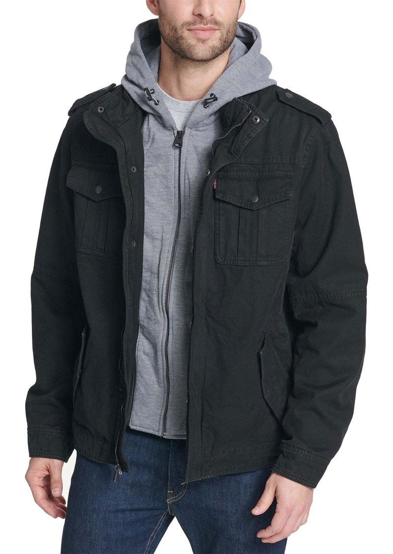 Levi's Men's Washed Cotton Military Jacket with Removable Hood (Standard and Big & Tall) Black