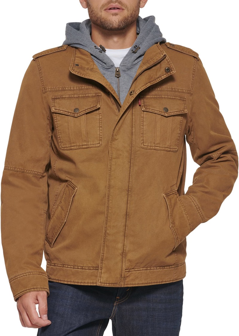 Levi's Men's Washed Cotton Military Jacket with Removable Hood (Standard and Big & Tall) Brown