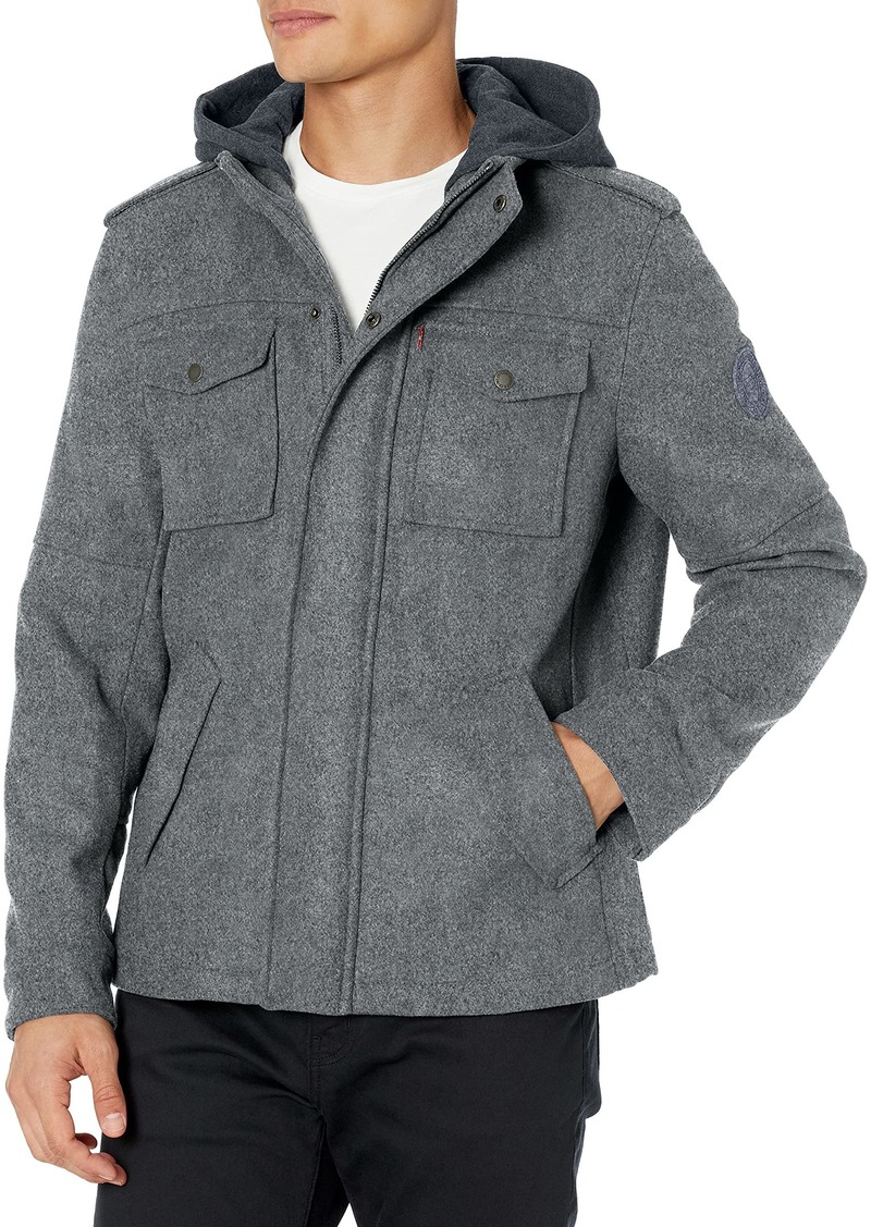 Levi's Men's Wool Blend Hooded Military Jacket Light Grey