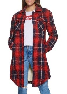 levi's Plaid Faux Shearling Lined Long Shirt Jacket in Red Navy Shadow Plaid at Nordstrom