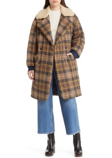 levi's Quilted Plaid Double Breasted Coat with High Pile Fleece Collar