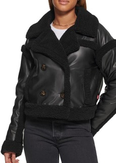 levi's Shortie High Pile Fleece Trim Faux Leather Jacket in Black at Nordstrom