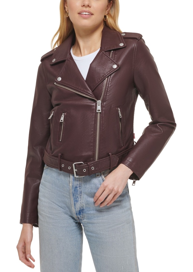 Levi's Women's Faux-Leather Belted Hem Moto Jacket - Burgundy