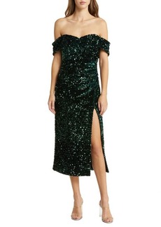 LIKELY Ronan Off the Shoulder Sequin Midi Dress