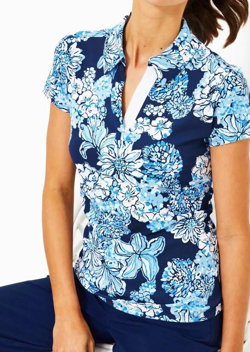 Lilly Pulitzer Frida Polo Top Upf 50+ In Low Tide Navy Bouquet All Day