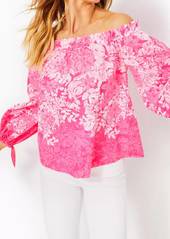 Lilly Pulitzer Jamielynn Long Sleeve Off The Shoulder Top In Roxie Pink Shadow Dancer Engineered Woven Top