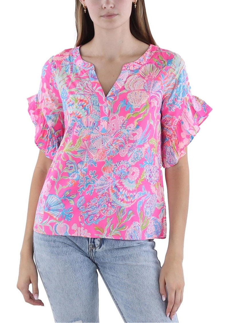 Lilly Pulitzer Quinna Womens Floral Print Split Neck Pullover Top