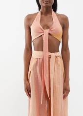Lisa Marie Fernandez - Tie-front Halterneck Linen Cropped Top - Womens - Light Pink Multi