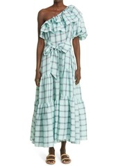 Lisa Marie Fernandez Arden Plaid Ruffle One-Shoulder Linen Maxi Dress