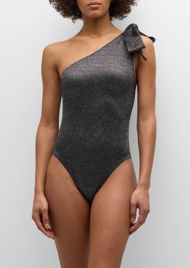 Lisa Marie Fernandez Metallic One-Shoulder Bow One-Piece Swimsuit 