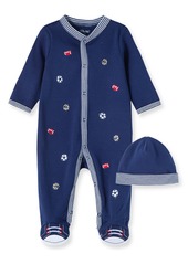 Little Me Sports Schiffli Embroidery Footie & Hat Set in Medieval Blue/Multi at Nordstrom