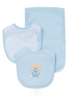 Little Me Baby Boys Cute Bear Bibs and Burp Cloth, Pack of 3 - Light Blue