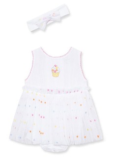 Little Me Cupcakes Embroidered Cotton Skirted Romper & Headband Set