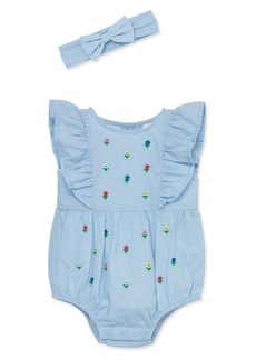 Little Me Floral Embroidered Cotton Chambray Romper & Headband Set