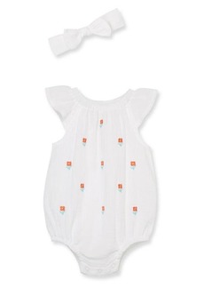 Little Me Floral Embroidered Cotton Romper & Headband