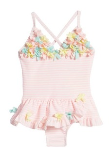 Little Me Stripe 3D Floral Skirted One-Piece Swimsuit