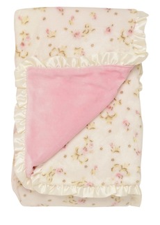 Little Me Vintage Like Rose Blanket With Satin Ruffle Trim - White